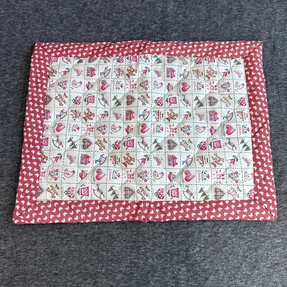 Handmade Quilted Placemat Country Cottage Teddy Bear Heart Red White 20x15